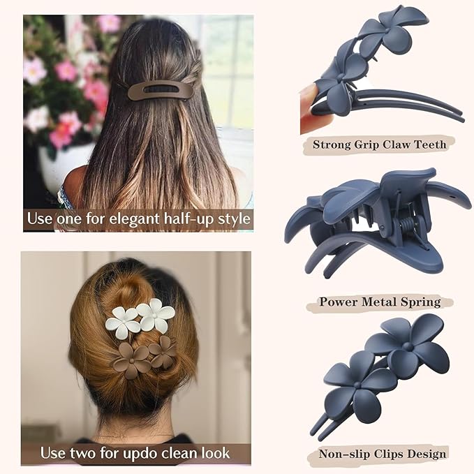 5 Pcs Flat Hair Clips, Medium Lay Flat Claw Clips for Women Girls,2 Styles Strong Hold Non-slip Matte Hair Claws for Thick Thin Hair(Black&Navy)