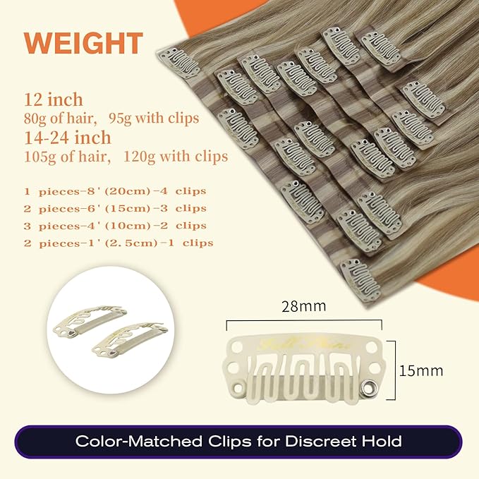 Full Shine Blonde Hair Extensions Real Human Hair Clip ins Golden Blonde Mix Light Blonde Natural Seamless Hair Extension for Women Add Volume 14 Inch 8 PCS 120 G
