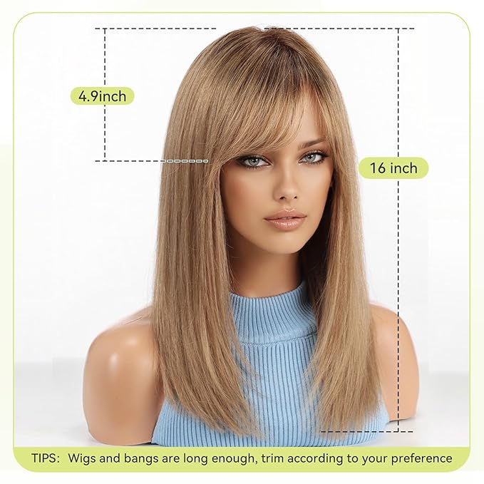 RSY Straight Human Hair Wigs for Women, Shoulder Length and Layered Real Hair Ombre Ash Blonde Wig with Bangs for Daily Party Use