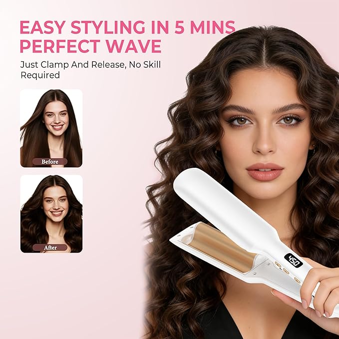 Curling Iron Hair Crimper Waver, 1/2 Inch Beach Waves Curling Wands, Ceramic 2 Barrels Deep Waver, Dual Voltage Hair Culer Tools with EU/UK Plug Adapter, 12 Temps, 30S Fast Heat up, Auto-Off (White)