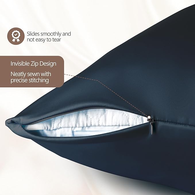 Set of 2 100% Silk Pillow Cases King - 6A Luxury Mulberry Silk Pillowcase for Hair and Skin - Anti-Wrinkle, Cooling & Smooth, Hidden Zipper - Pillowcases for Sleeping Women Girl, Boy, Blue