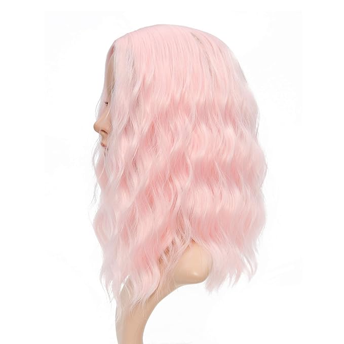 FAELBATY Light Pink Wigs For Women Curly Wavy Synthetic Women Girl's Wig Pure Pastel Cosplay Costume Halloween Wigs (14" Light Pink)