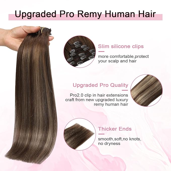 Pro2.0 Clip in Hair Extensions Real Human Hair 20inch 7pcs Color #4/27/4 Chocolate Brown to Caramel Blonde Remy Real Human Hair Extensions Clip ins 120g Thick Double Weft（#4/27/4-20inch）
