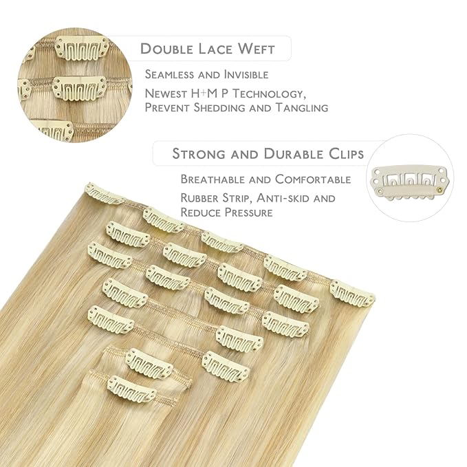 WENNALIFE Clip in Hair Extensions Real Human Hair, 14 Inch 110g 7pcs Remy Hair, Light Blonde Highlighted Golden Blonde Straight Natural Extensiones De Cabello Humano Con Clip Ins