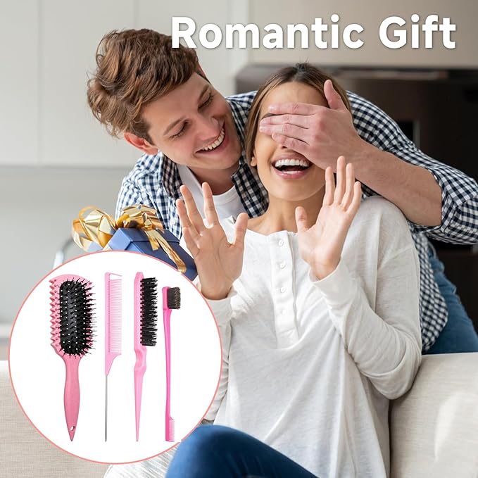 Curl Defining Brush, Curly Hair Brush Products With 3 Pcs Slick Back Hair Brush Set Bristle Brush Edge Control Teasing Comb for women (Black)