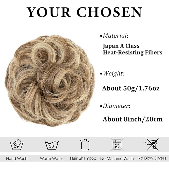 CJL HAIR Large Messy Bun Hair Piece Wavy Curly Scrunchies Synthetic Chignon Ponytail Hair Extensions Thick Updo Hairpieces for Women Sand
