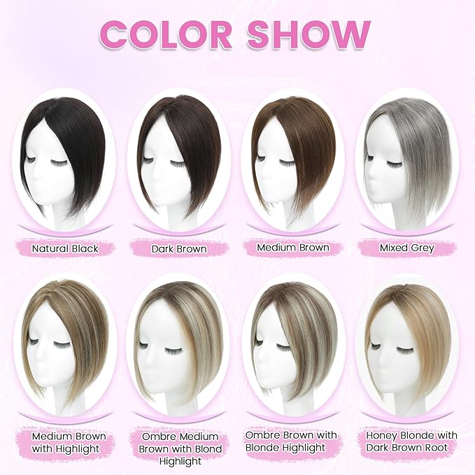 YAMI Hair Toppers for Women Fluffy Human Hair Topper 10inch Handmade Swiss Base Hairpieces 360° Cover Hairloss (Medium Brown Mix Blonde with Dark Brown Root)