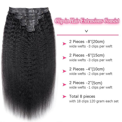 14 Inch Seamless Clip ins Real Human Hair PU Weft Kinky Straight Clip ins #1B Natural Black Color Clip in Hair Extensions 8pcs with 18Clips Per Set 120g