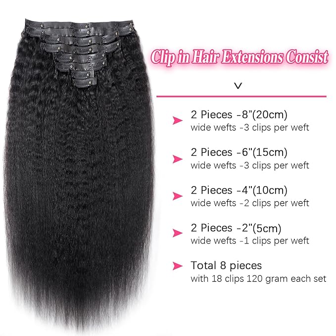 New Seamless Kinky Straight Clip In Hair Extension Real Human Hair 16 Inch PU Weft Kinky Straight Clip Ins Human Hair Clip on Hair Extensions 8pcs with 18Clips Per Set 120g
