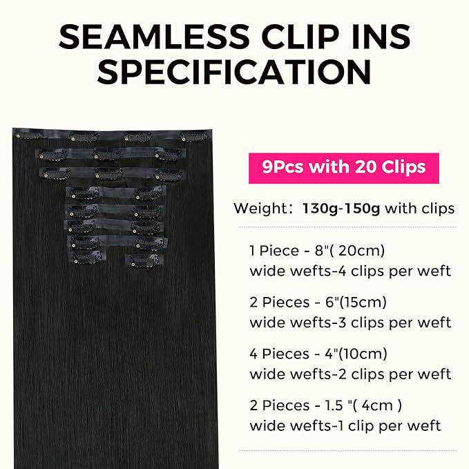 Lashey Seamless Clip in Hair Extensions Human Hair 130g 9pcs #1 Jet Black 16 Inch Light Yaki Straight Clip in Hair Extensions Real Human Hair with Flat PU Invisi Edge Full Pack