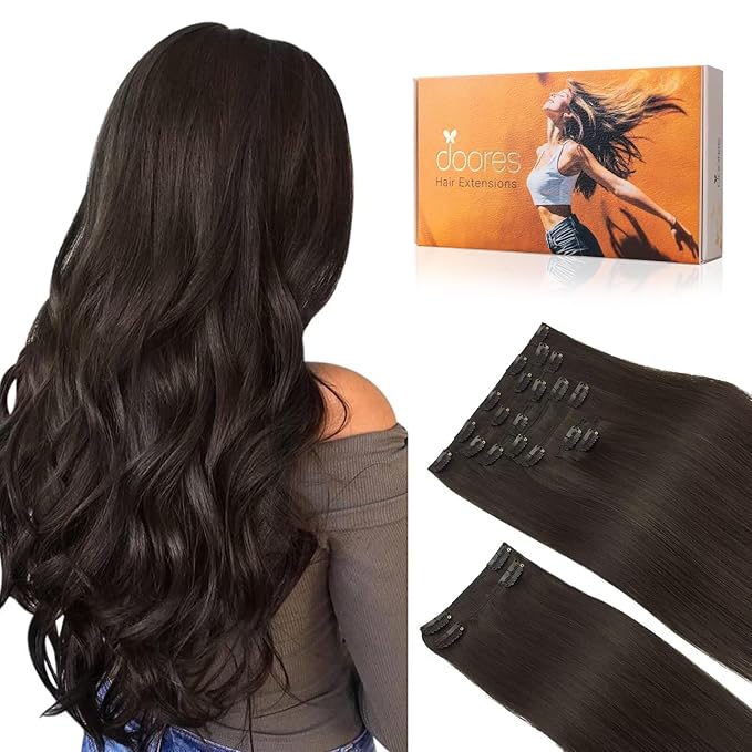 DOORES Clip in Human Hair Extensions, Dark Brown 150g 9pcs 14 Inch, Real Remy Straight Thick Hair