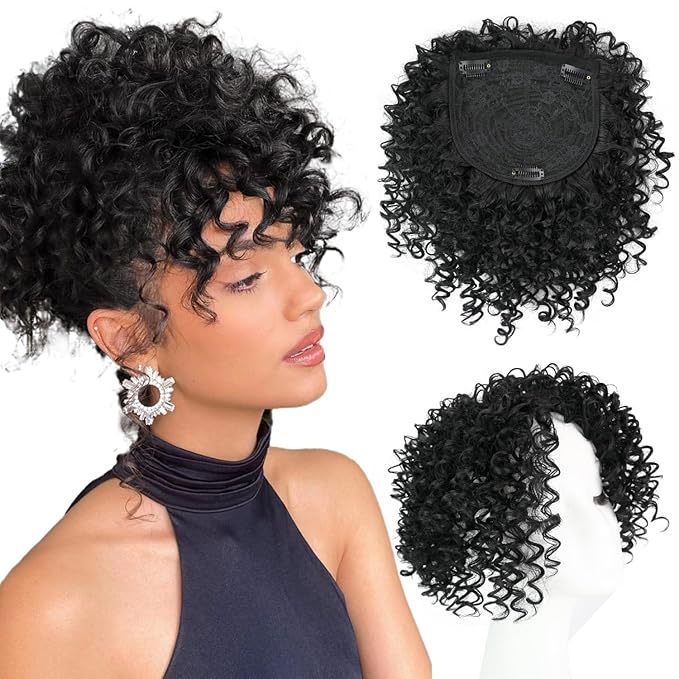 Natural Afro Kinky Curly Short Hair Toppers With Bangs - Black Clip-in Synthetic Wiglets for Men and Women With Thinning Hair - Instant Volume and Style