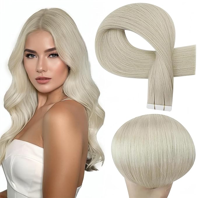 Full Shine Virgin Tape in Hair Extensions Human Hair Color White Blonde Double Sided Insert Virgin Hair Invisible Tape in Extensions Blonde Hair Extensions 20Pcs 30G 12Inch for Chic Makeover