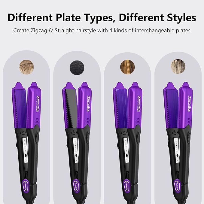Terviiix Crimper Hair Iron with 4 Interchangeable Plates, Keratin & Argan Oil Infused Hair Crimper for Women, Volumizing Crimping Iron for Thin Fine Hair, 5 Heat Settings & 60 Mins Auto Off, Purple