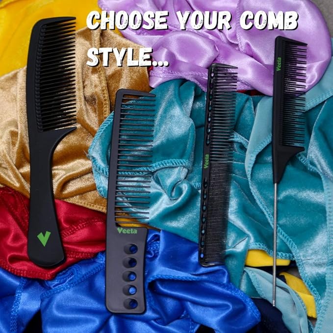 Veeta Professional Carbon Fiber Comb - Anti Static Heat & Chemical Resistant - Rat Tail, Styling, Wide Tooth, Wave Comb (Black)