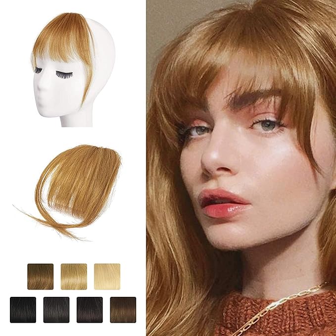 BARSDAR Clip in Bangs Human Hair - Real Human Hair Clip in Bangs for Women - Golden Blonde Wispy Bangs Extensions Fringe with Temples Dyeable Real Hair Bangs Hairpieces - Golden Ginger Blonde
