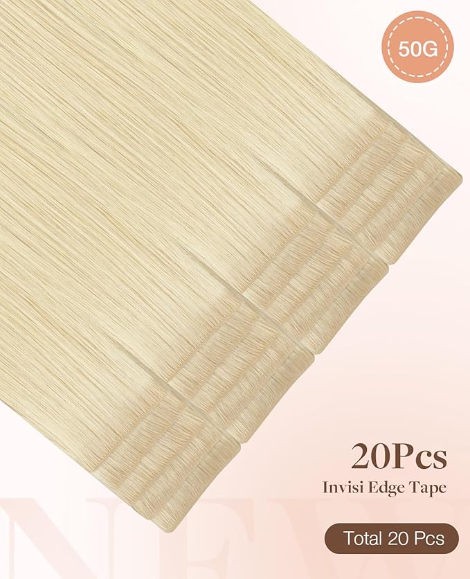 GOO GOO Invisi Edge Tape in Hair Extensions Human Hair, 613R Bleach Blonde, 20pcs 16inch 50g, Virgin Remy Hair, Seamless Injected Tape, Natural Look