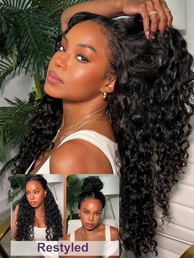 YIROO Bye Bye Knots Glueless Water Wave and Jerry Curly Drawstring Wig Human Hair, 7x5 Pre Cut Lace Front Glueless Wigs Pre Bleached Pre Plucked Wear and Go Wig for Women 150% Density 16Inch