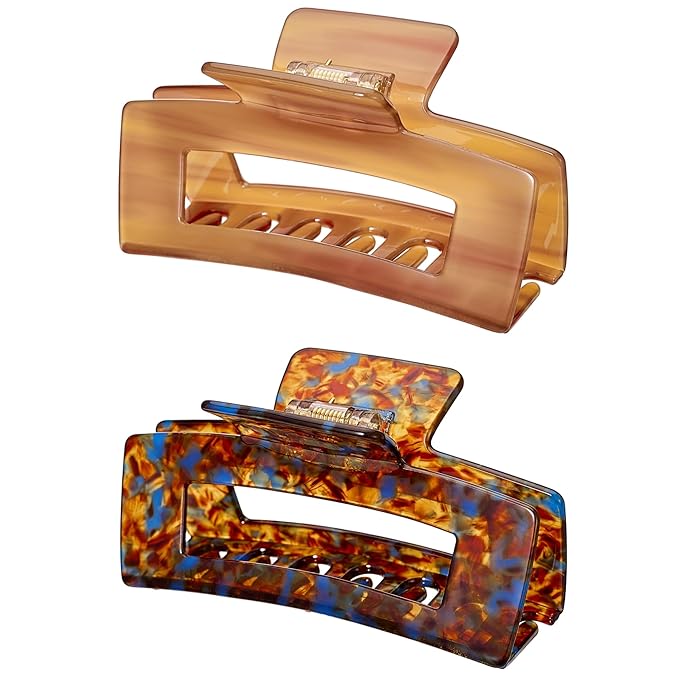 Large Hair Claw Clips, Textention Cellulose Acetate Claw Clip Rectangle Cutout Tortoise Shell Celluloid Banana Jaw Clamp Fashion Styling Accessories for Women Ladies Thin Thick Curly Hair (2 Pack)