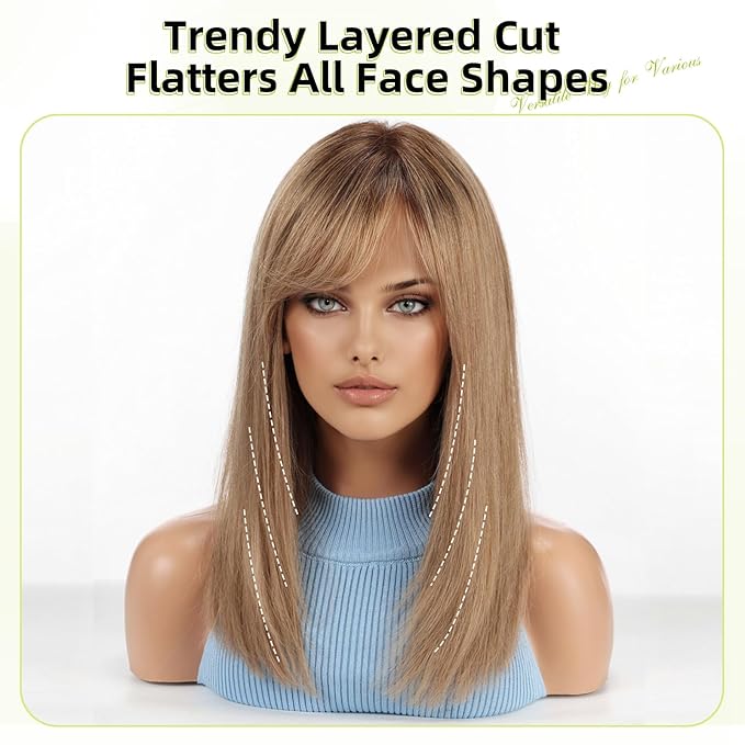 RSY Straight Human Hair Wigs for Women, Shoulder Length and Layered Real Hair Ombre Ash Blonde Wig with Bangs for Daily Party Use