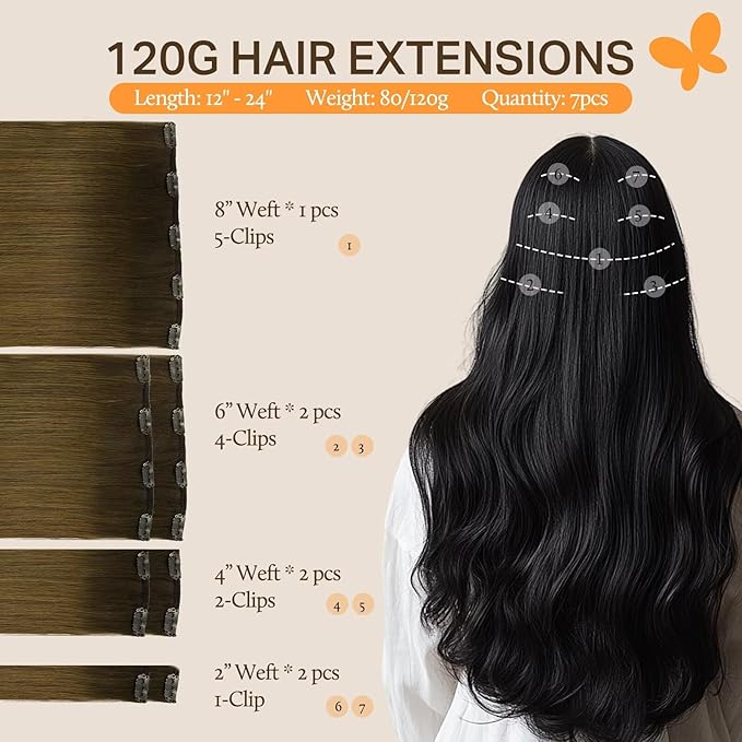DOORES Human Hair Extensions Clip Ins, Chocolate Dip Color Melt 22 Inch 7pcs 120g, Clip in Hair Extensions Remy Natural Hair Extensions Thick Silky Straight Hair