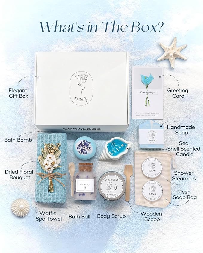 Coralogo Ocean Spa Gifts for Women - 15pc Self-care Spa Gift Basket with Scented Candle, Bath Salt, Greeting Card - Thinking of You Basket for Her Birthday, Christmas, Mother's Day, Valentine's Day