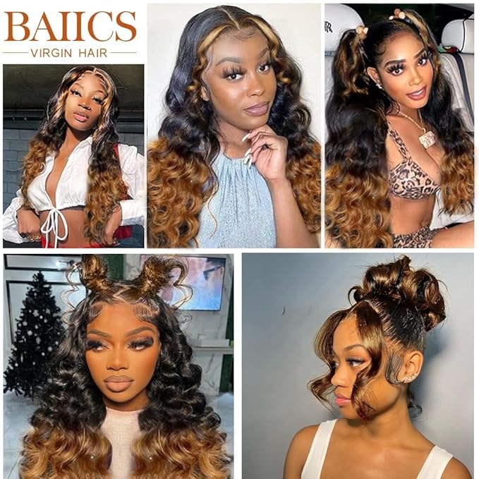Full 360 Lace Front Wigs Human Hair For Women Ombre Lace Frontal Wig Glueless Wigs Body Wave Lace Front Wig 200 density Ombre Human Hair Wigs for Women (22 Inch)