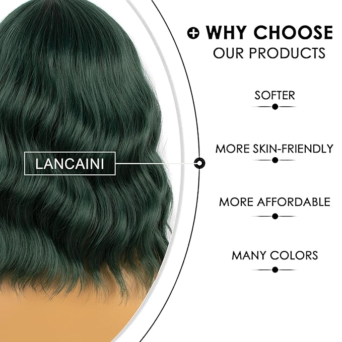 Dark Green Short Bob Wigs with Bangs for Women Loose Wavy Wig Curly Wavy Shoulder Length Bob Synthetic Cosplay Wig for Girl Colorful Costume Wigs