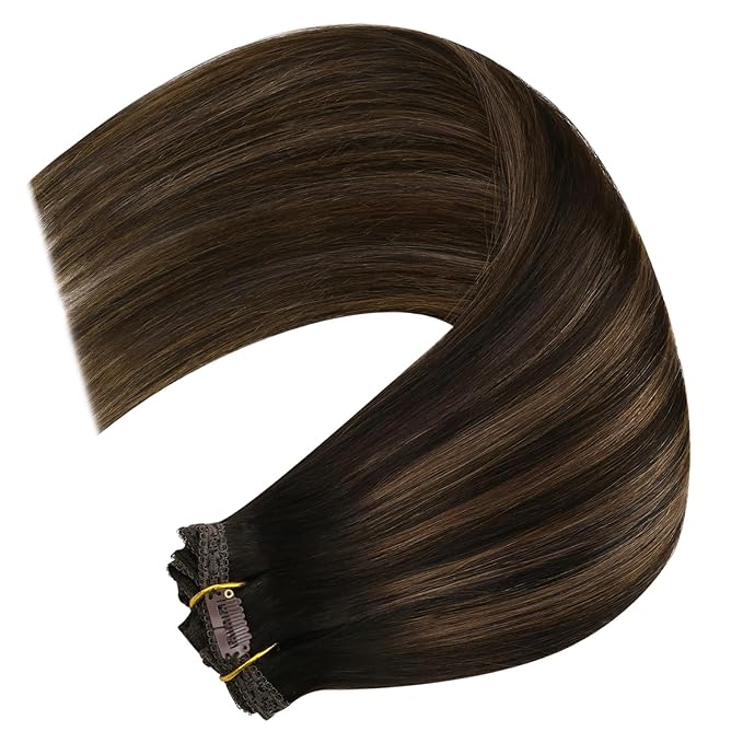 YoungSee Balayage Clip in Hair Extensions Dark Brown Real Hair Extensions Clip in Human Hair Dark Roots to Medium Brown Balayage Human Hair Extension Clip ins for Thin Hair 20In 120G