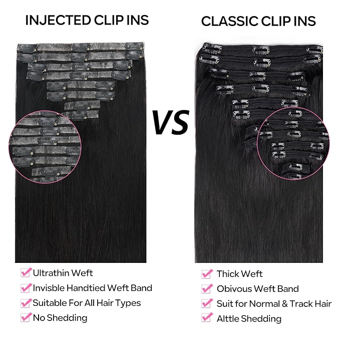Injected Clip in Hair Extensions Real Human Hair Invisible Hand-Tied Weft Hair Extensions Clip in Human Hair Straight Seamless Clip ins for Women 8Pcs 120g 18inch #1B Natural Black