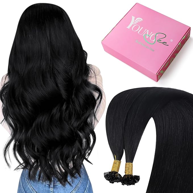 YoungSee K Tip Hair Extensions Black K Tips Human Hair Extensions for Wedding Jet Black 22In 50s/50g