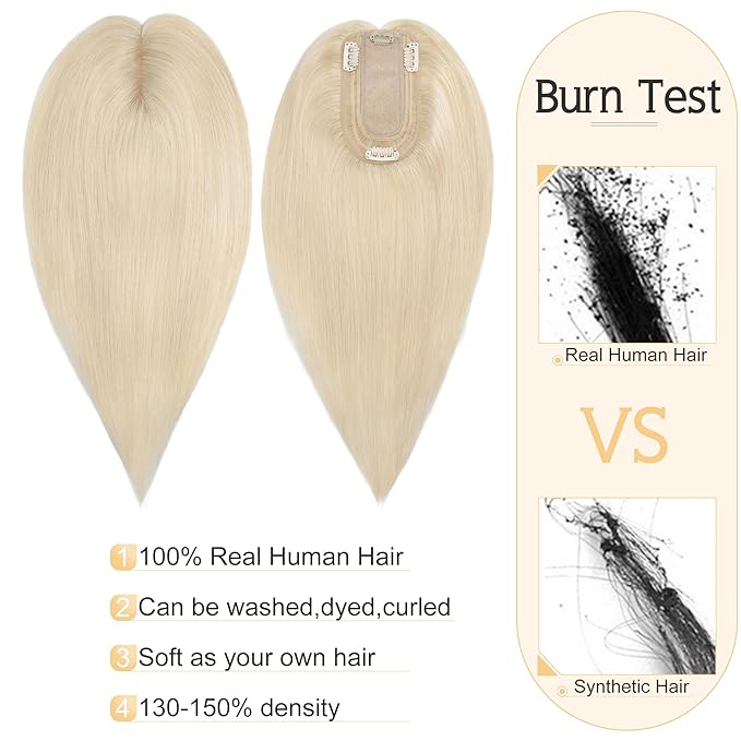 SEGO Human Hair Toppers for Women With Thinning-Hair, 7 * 13CM Silk Base 100% Real Human-Hair Clip in Top Wiglet Hair-Pieces //6 Inch No Bangs Platinum Blonde