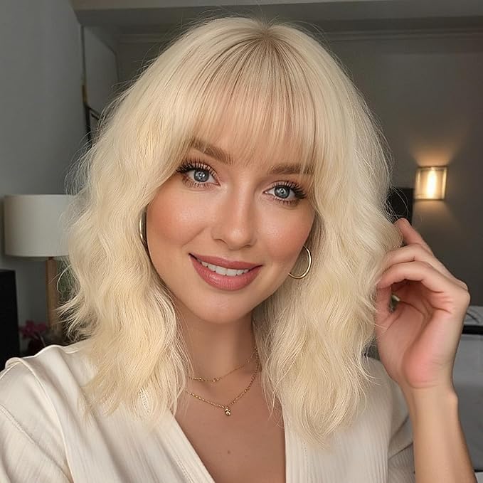 Nnzes Short Wavy Bob Wig with Bangs for Women Shoulder Length Curly Soft Ash Blonde Synthetic Heat-Resistant Fiber Hair for Daily & Party Use