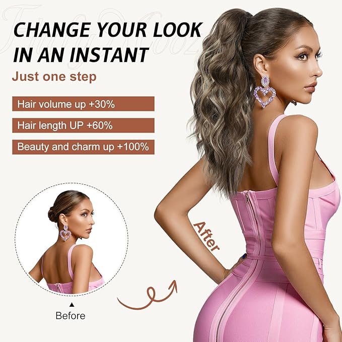 FLUFYMOOZ Ponytail Extension, 18 Inch Claw Clip Ponytail Extension, Wavy Curly Claw Clip in Ponytail Hair Extensions, Natural Fake Ponytail Synthetic Hairpiece for Women (Cool Brown with Blonde Highlights)