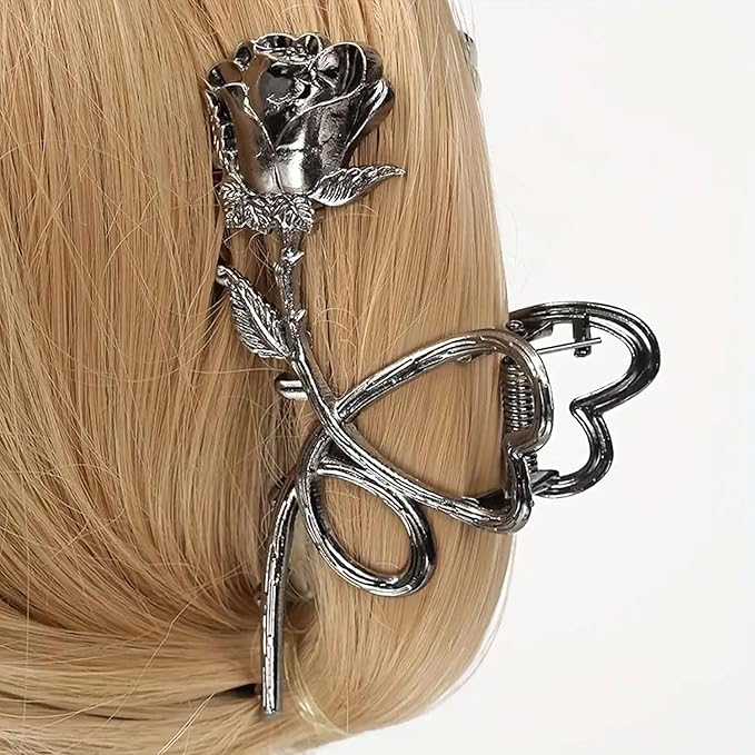 Rose Metal Hair Claw Clips, 1Pc Flower Non-Slip Hair Claw for Thin/Thick Hair - Fashionable Hair Styling Accessory for Women and Girls (Black Rose)