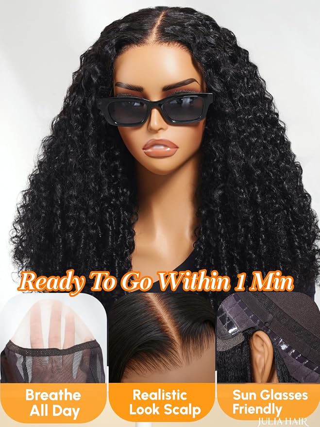 Julia Hair 7x5 Lace Water Curly Texture Wig With Finger Coil Ends Glueless Wigs Human Hair Put On and Go Invisible Lace Pre Plucked Pre Cut Bleached Knots Natural Hairline 26 Inch