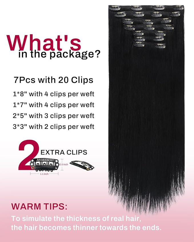 Moresoo Clip in Hair Extensions Black Women Double Weft Human Hair Clip in Extensions Black Hair Extensions Clip ins Real Human Hair Jet Black 7pcs/135g 16inch