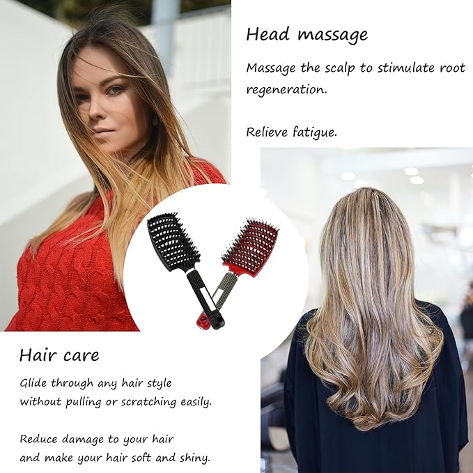 2pack Boar Bristle Hair Brush No Pull Curved Vented Hair Brushes Detangler Brush Fast Blow Drying Hair Brush for Kids Men Women Wet Dry Long Thin Thick Curly Tangled Hair (red+black)