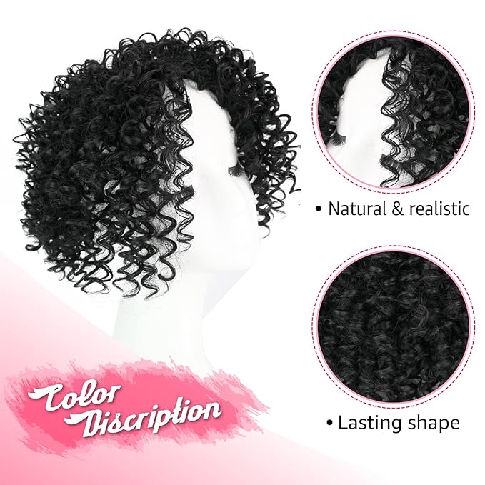 Natural Afro Kinky Curly Short Hair Toppers With Bangs - Black Clip-in Synthetic Wiglets for Men and Women With Thinning Hair - Instant Volume and Style