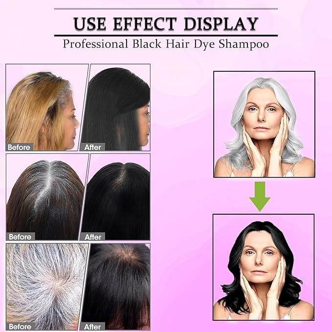 Black Hair Dye Shampoo Instant 3 in 1 for Gray Hair Coverage - Herbal Formula, Semi-Permanent Hair Color in 10 Minutes, Lasts 30 Days, 100% Grey Coverage Shampoo for Men & Women, 500ml (16.9 Fl Oz)
