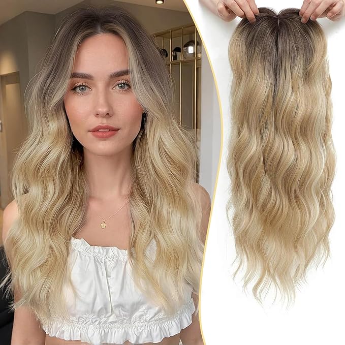 MORICHY Hair Toppers for Women Clip in Hair Topper with Bangs 20inch Buttery Blonde with Highlights Long Wavy Curly Synthetic HairPieces for Women
