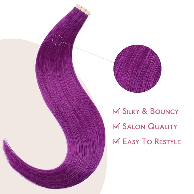 WENNALIFE Purple Tape In Hair Extensions, 10pcs 20g 10 inch Remy Invisible Tape Ins Straight Colored Soft Real Human Hair Tape In Extensions Refill Set Extensions