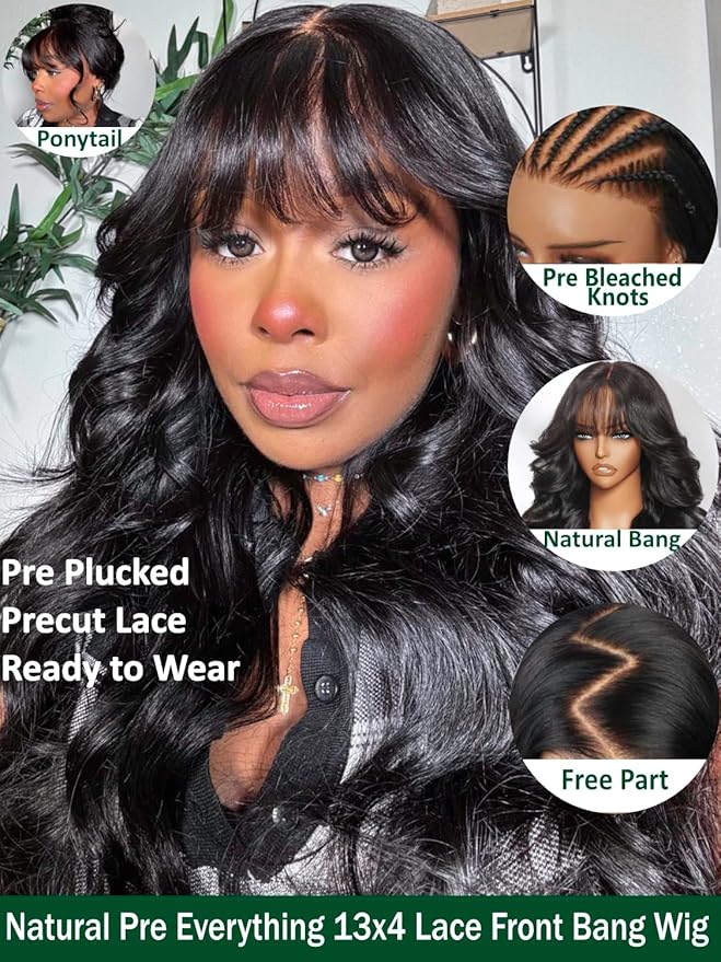 KLAIYI Pre Everything Glueless 13x4 Lace Front Wigs Human Hair Loose Body Wave Bye Bye Knots Pre Cut Lace Pre Bleached Pre Plucked 30S Ready to Wear And Go Frontal Wig with Natural Curtain Bang 22Inch