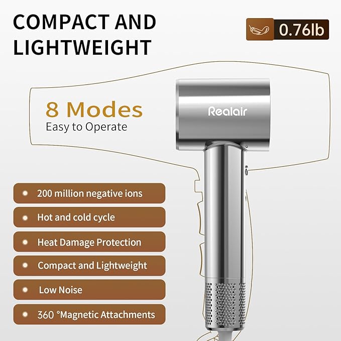 High-Speed Ionic Hair Dryer with Magnetic Oil Diffuser & 200M Negative Ions for Fast Drying High-Speed Blow Dryer for Women Men Lightweight Quiet Hairdryer for Travel & Home Salon (Silver)