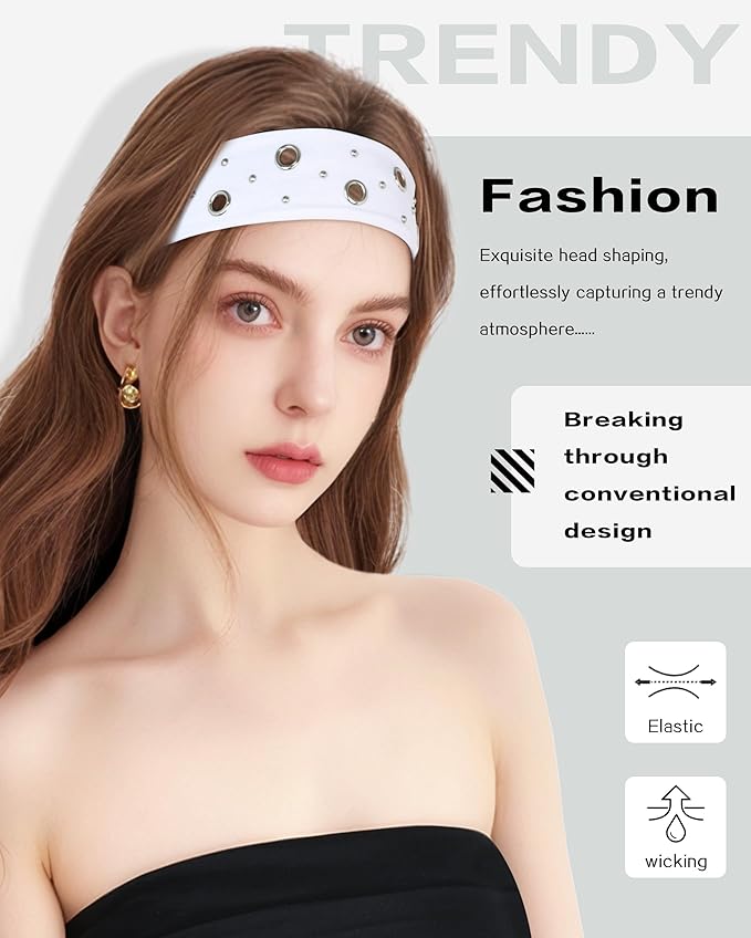 Grommet Headband for Women, White Round Studs 23cm Hollow Out Elastic Hair Band, Eyelets Punk Grunge Stylish Hairband