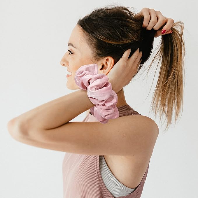 XL Big Silk Scrunchies Hair Ties for Women - CEELGON Oversized Black Satin Silk Scrunchie Exra Large Jumbo Gaint Soft Pink Chiffon Cute Scrunchy for Curl Thick Hair 4 Pack (Black White)