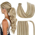 Ve Sunny Hair Extensions Ponytail Real Human Hair Wrap Around Clip in Ponytail Hair Extensions Straight Extensions Human Hair for Women Dark Golden Blonde Highlights 16inch 80G