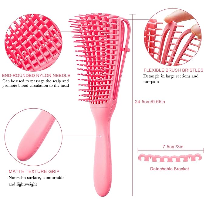 2 Pieces Detangling Brush for Afro America/African Hair Textured 3a to 4c Kinky Wavy/Curly/Coily/Wet/Dry/Oil/Thick/Long Hair, Knots Detangler Easy to Clean (Black, Pink)