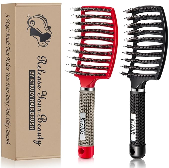 Detangling Brush Boar Bristles Set KTKUDY Hair Brush Curved and Vented Detangler Brush for Women Men Kids Wet and Dry Hair (Red&Black)