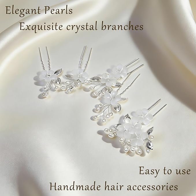 15Pcs Silver Pearl Hair Pins for Wedding Bridal White Flower Hair Pins Decorative, Silver Hairs Accessories Flower Pearl Hairs Clips Gifts for Women, Bridesmaid, Bridal, SilverB